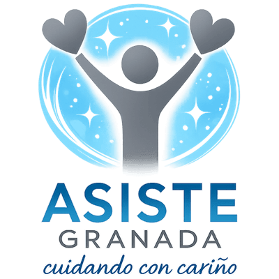 Logo de "Asiste Granada" con una figura humana estilizada levantando los brazos que terminan en corazones, simbolizando cuidado y asistencia.